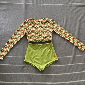 Retro Patterned Long Sleeve Crop Top and High-Waisted Shorts Set